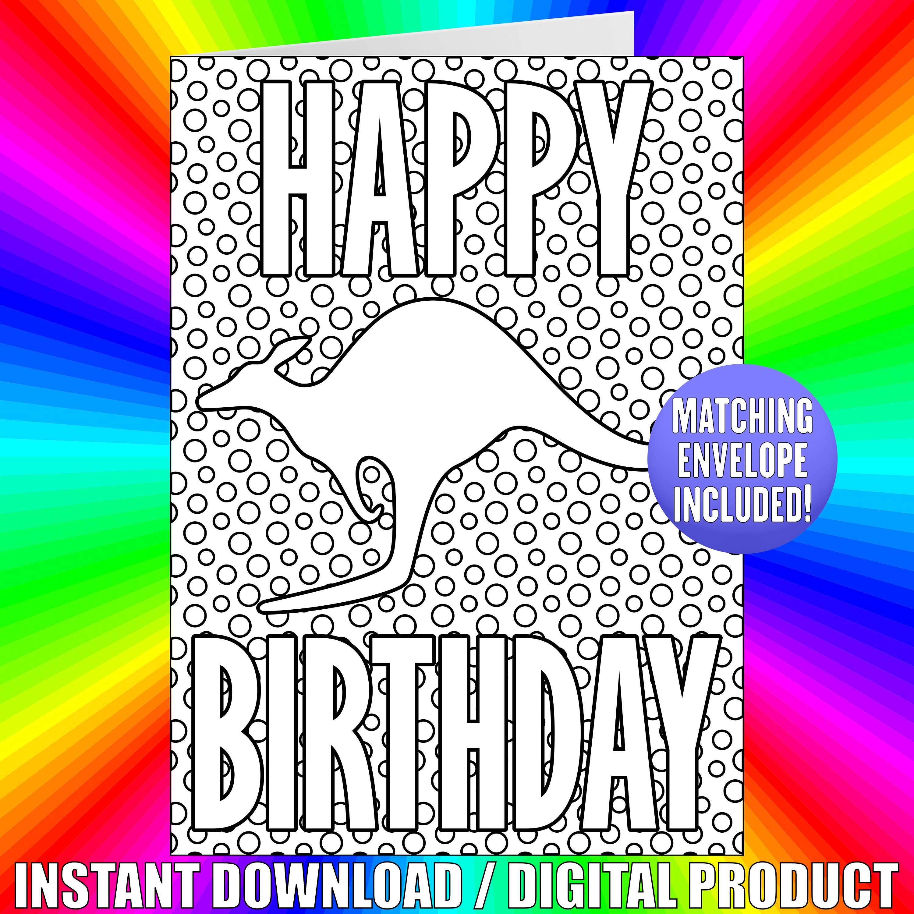 Happy Birthday Kangaroo Coloring Card Printable Kangaroo - Etsy