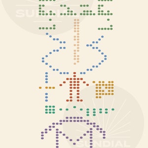 May include: Abstract illustration featuring a stylized human figure and geometric shapes composed of dots in various colors. The word "SUNDIAL" is visible. The design is set against a cream background.