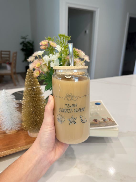 The Summer I Turned Pretty Cup | 16 oz Glass Can With Lid And Straw | Team Conrad Gifts | Iced Coffee Glass | Connie Baby | TSITP Gift