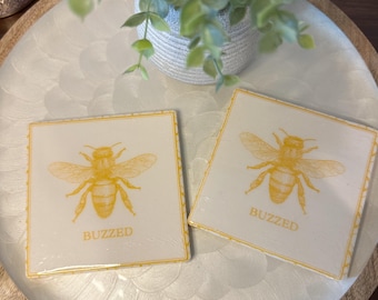 Buzzed Bee Coaster | Funny Bar Coaster | Ceramic Drink Coaster | Bee Decor | Housewarming Gifts | Cute Kitchen Decor | Unique Home Gifts