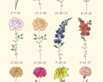 Birth Flowers Personalized Digital Download Print | Custom Names and Birth Dates | Custom Bouquet | Floral | Wall Art | Unique Custom Gifts