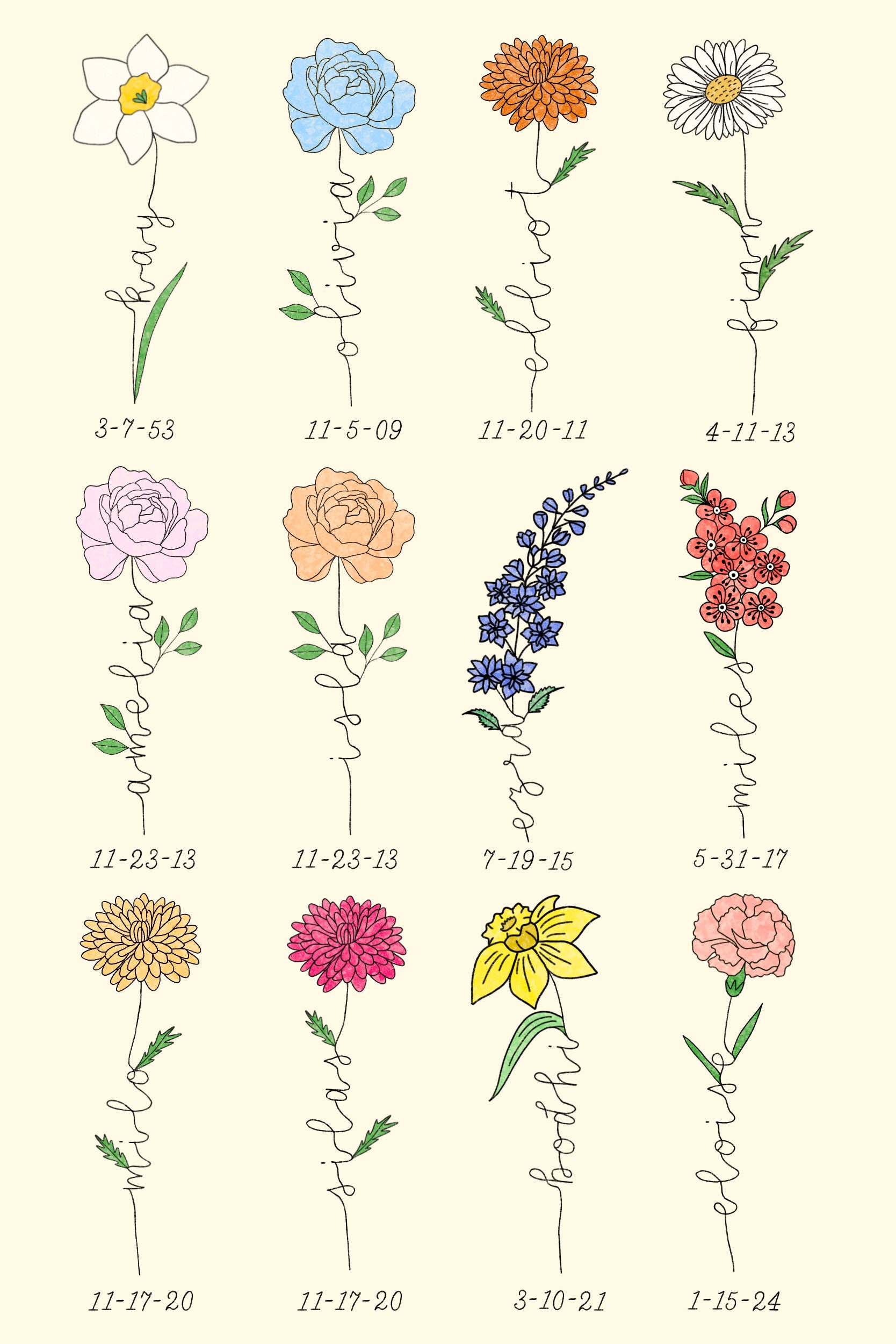 Birth Flowers Personalized Digital Download Print | Custom Names and Birth Dates | Custom Bouquet | Floral | Wall Art | Unique Custom Gifts