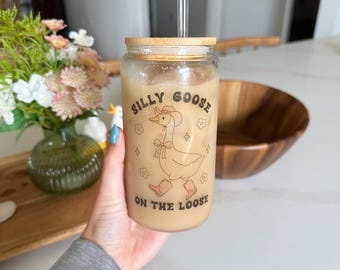 Silly Goose On The Loose Iced Coffee Glass Tumblr | 16 oz Glass Can With Lid And Straw | Funny Gifts | Cowboy Hat Glass | Unique Glass
