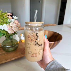 Goose Vibes Only Iced Coffee Glass Tumblr | 16 oz Glass Can With Lid And Straw | Funny Gifts | Silly Goose Glass | Unique Glass | Flowers