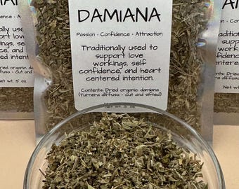 Damiana leaf, dried Damiana, organic dried Damiana, turnera diffusa, herbs, witchcraft supplies, organic Damiana, apothecary, glamour magic