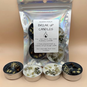 May include: A package of tea light candles with the text "BREAK UP CANDLES". The candles are in silver metal containers and are black, white, and clear. The ingredients include Onyx, Clear Quartz, Bay, Clove, Rosemary, and Lavender.