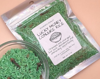 4 oz Lucky Money conjure rice, money rice, hoodoo rice, ritual rice, manifestation magic, folk magick, witch rice, intention spell, green
