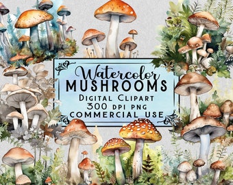 Mushroom Clipart Watercolor Mushroom Clip Art Mushroom PNG Bundle On Transparent Background Commercial Use