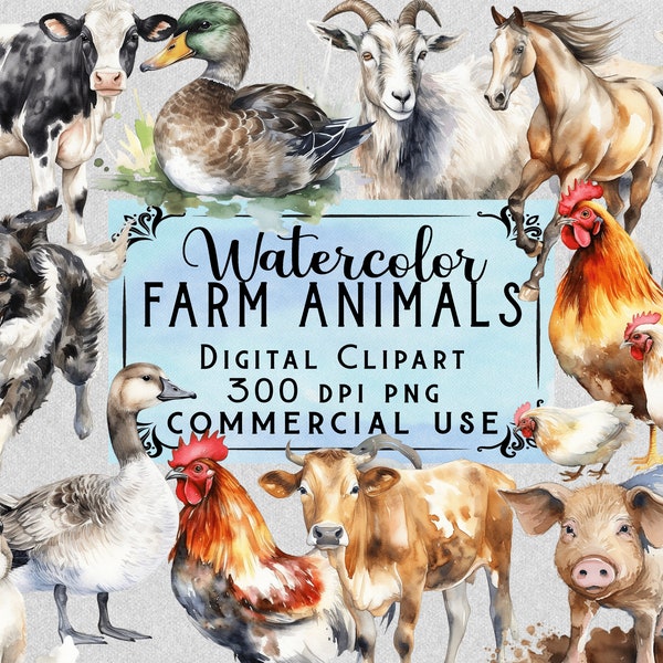 Farm Animals Clipart Watercolor Warm Animals PNG Bundle On Transparent Background Commercial Use