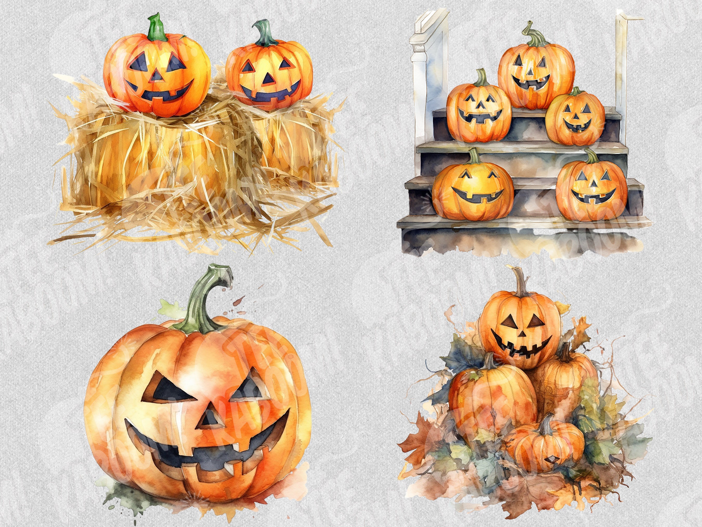 Halloween Pumpkin Clipart Watercolor Halloween Pumpkin PNG Bundle on ...