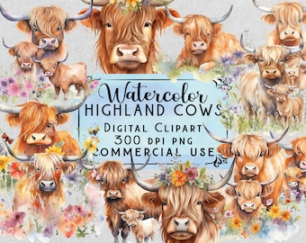 Highland Cow PNG Watercolor Highland Cow Clipart Baby Highland Cow PNG Bundle On Transparent Background Commercial Use