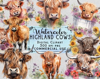 Highland Cow PNG Watercolor Highland Cow Clipart Baby Highland Cow PNG Bundle On Transparent Background Commercial Use