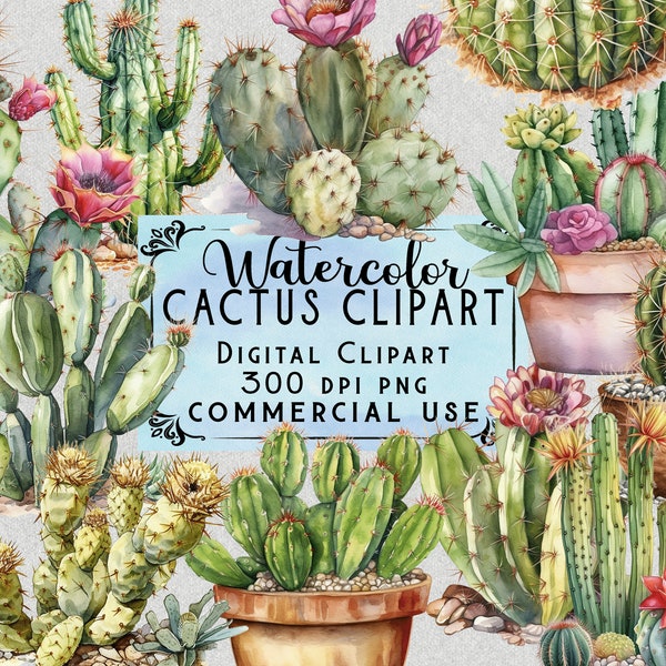 Watercolor Cactus Clipart Desert Cacti Desert Cactus PNG Bundle On Transparent Background Commercial Use