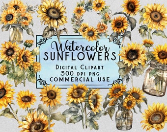 Watercolor Sunflower Clipart Sunflower Bouquet PNG Bundle On Transparent Background Commercial Use