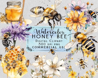 Honey Bee Clipart, Watercolor Honey Bee Clipart, Bee PNG Bundle On Transparent Background Commercial Use