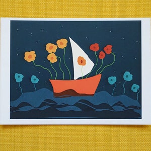 Carte postale "Bateau fleuri", carte postale enfant, A6, fleurs, voilier, mer, carte de voeux