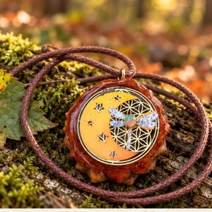 Opal pinecone pendant with moon and dragonfly , Sacred Geometry knobcone pinecone necklace