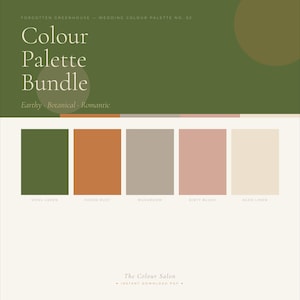 Może przedstawiać: Pakiet palet kolorów zatytułowany „Colour Palette Bundle” z podtytułem „Earthy Botanical Romantic”. Paleta zawiera pięć próbek kolorów: mchu zielonego, wyblakłej rdzy, grzyba, zakurzonego różu i postarzałego lnu. Górna sekcja jest oliwkowozielona.