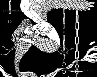 Rebellious Mermaid Angel Black and White Original Art Print