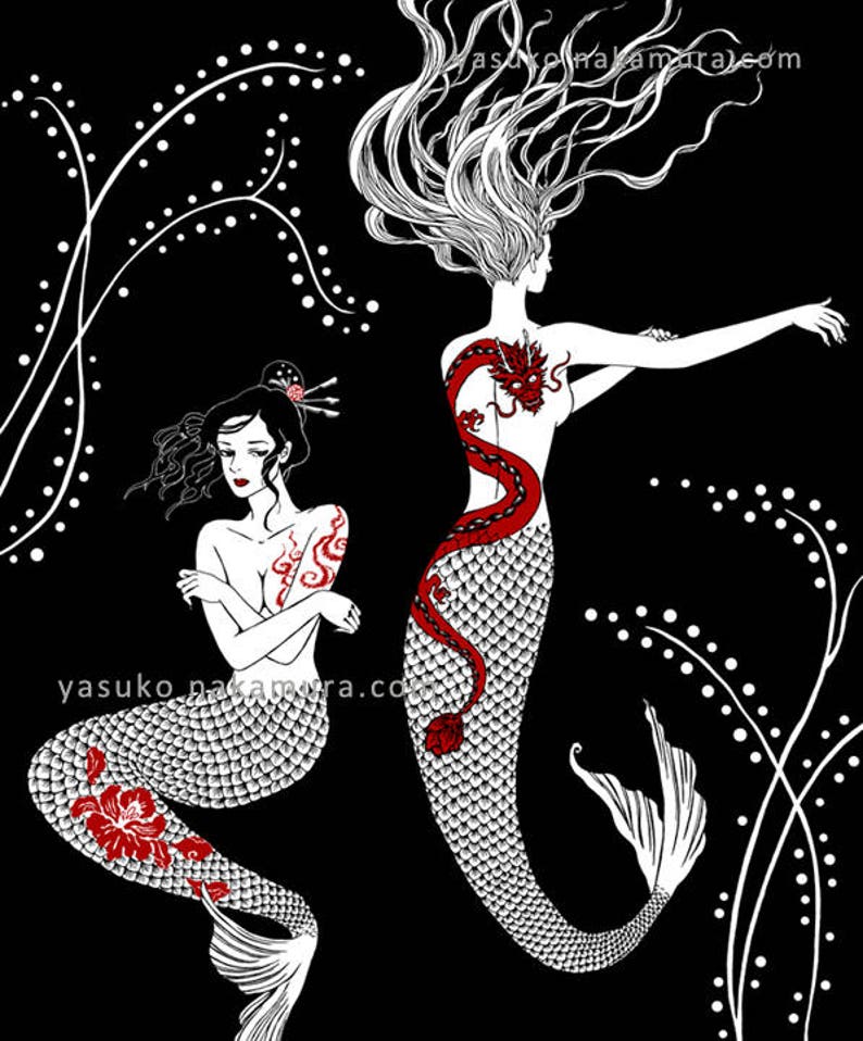 Tattoo Mermaids Original Art Print image 1