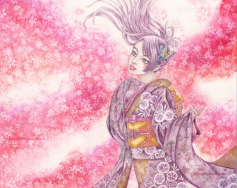 Sakura Cherry Blossom Kimono Girl Original Art Print 8 x 10