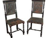 Rare Pair 18th C Baroque Ebonized Leather Chairs Antique Vintage Arm Bench Stool