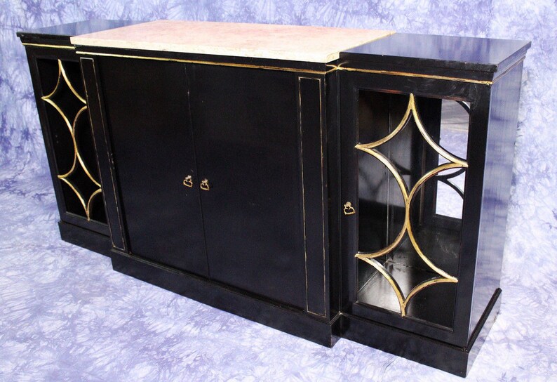 JANSEN Black Lacquer Marble Top Buffet Bar Cabinet Console ...