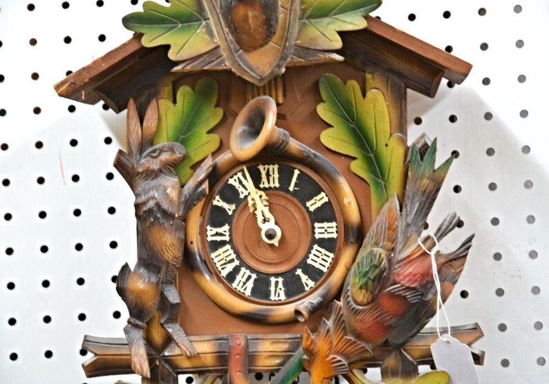German Black Forest Cuckoo Hunter Clock Painted Carved Wood Etsy