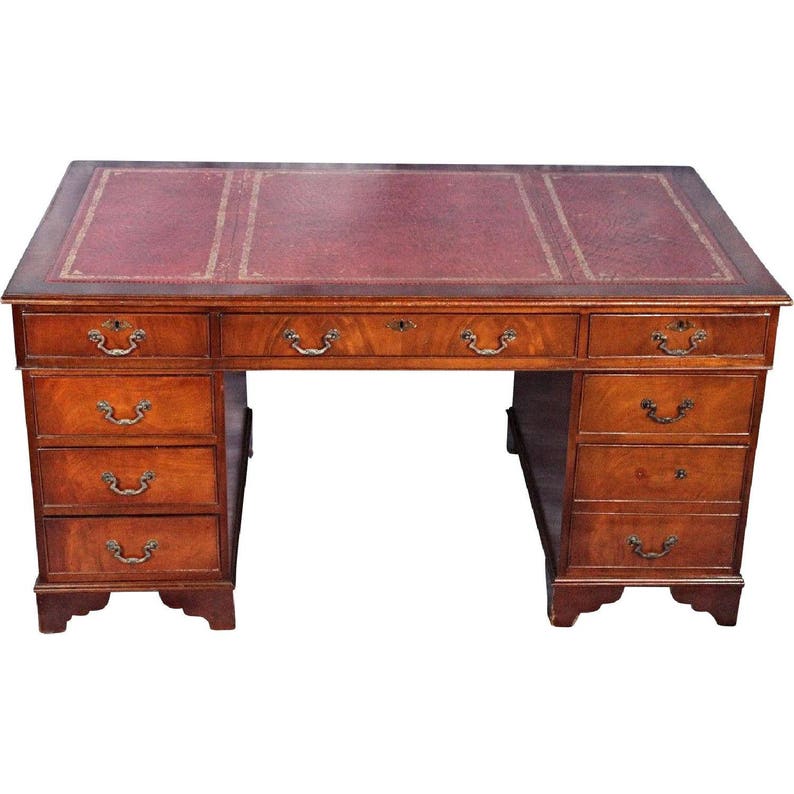Large Antique English Mahogany Leather Top Office Desk Secretary Writing Table