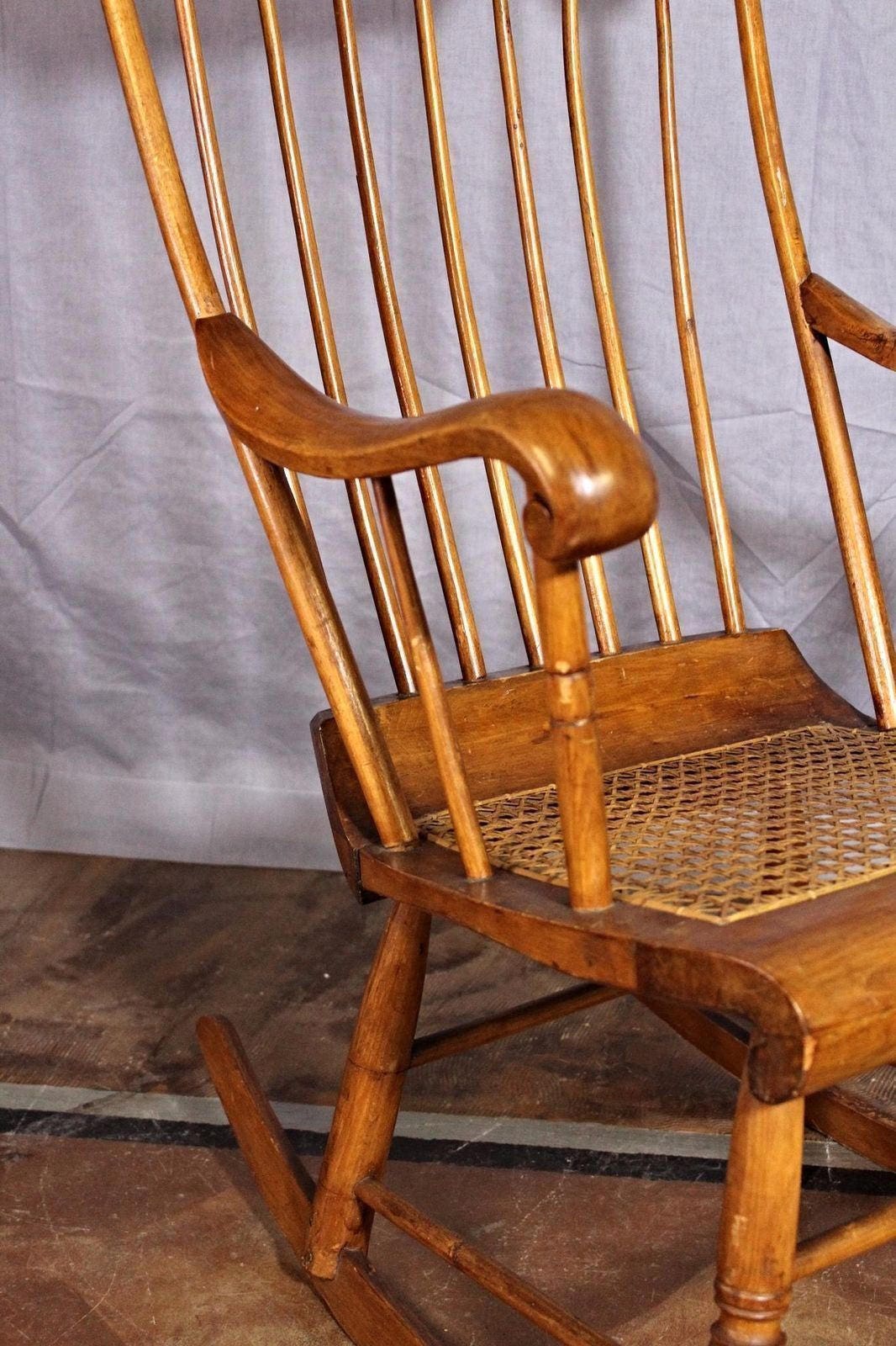 19th C Antique American Spindle Back Caned Seat Rocking Chair Etsy