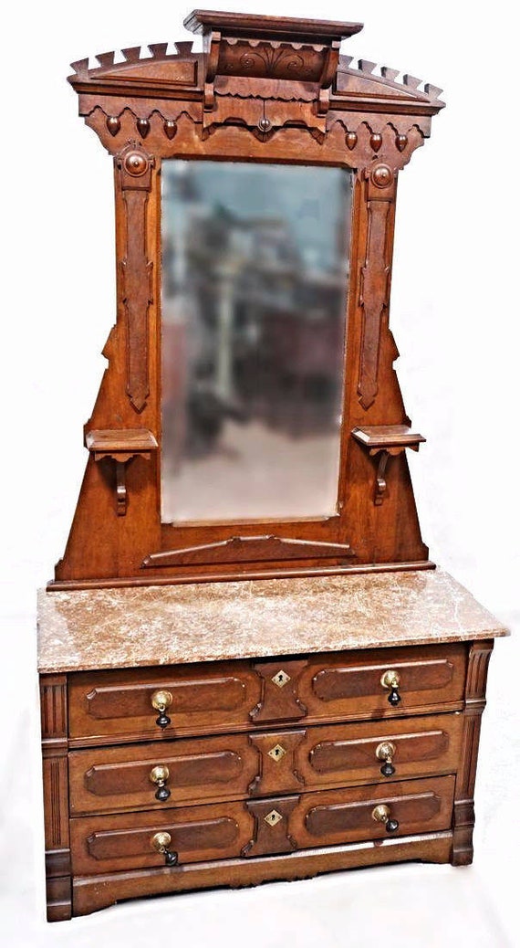 19 C Antique Walnut Victorian Dresser Vanity Mirror Chest Etsy