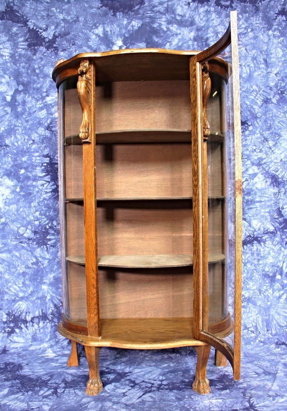1900s Antique Oak Curved Curio Display China Cabinet Vitrine Etsy