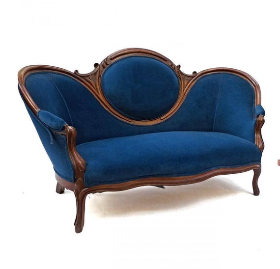 19th Century Antique Victorian Sofa Blue Upholstery Loveseat Etsy