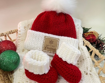 Baby's First Christmas Beanie & Booties Set - Knit Baby Beanie - Crochet Baby Booties - Baby's First Outfit - Going Home Outfit - Baby Gift