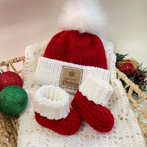 Baby's First Christmas Beanie & Booties Set - Knit Baby Beanie - Crochet Baby Booties - Baby's First Outfit - Going Home Outfit - Baby Gift