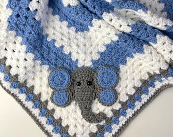 Crochet Baby Elephant Blanket - Crochet Baby Afghan - Crochet Animal Blanket - Blue Elephant Blanket - Baby Gift