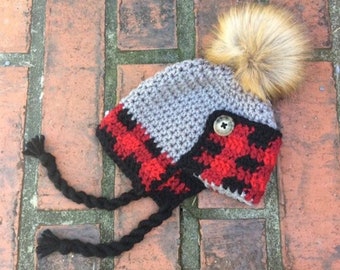 Crochet Plaid Trapper Hat - Crochet Baby Hat - Baby Trapper Hat - Baby Gift