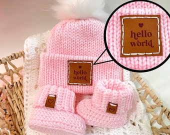 Hello World Baby Beanie & Booties Set - Knit Baby Beanie - Crochet Baby Booties - Baby's First Outfit - Going Home Outfit - Baby Gift