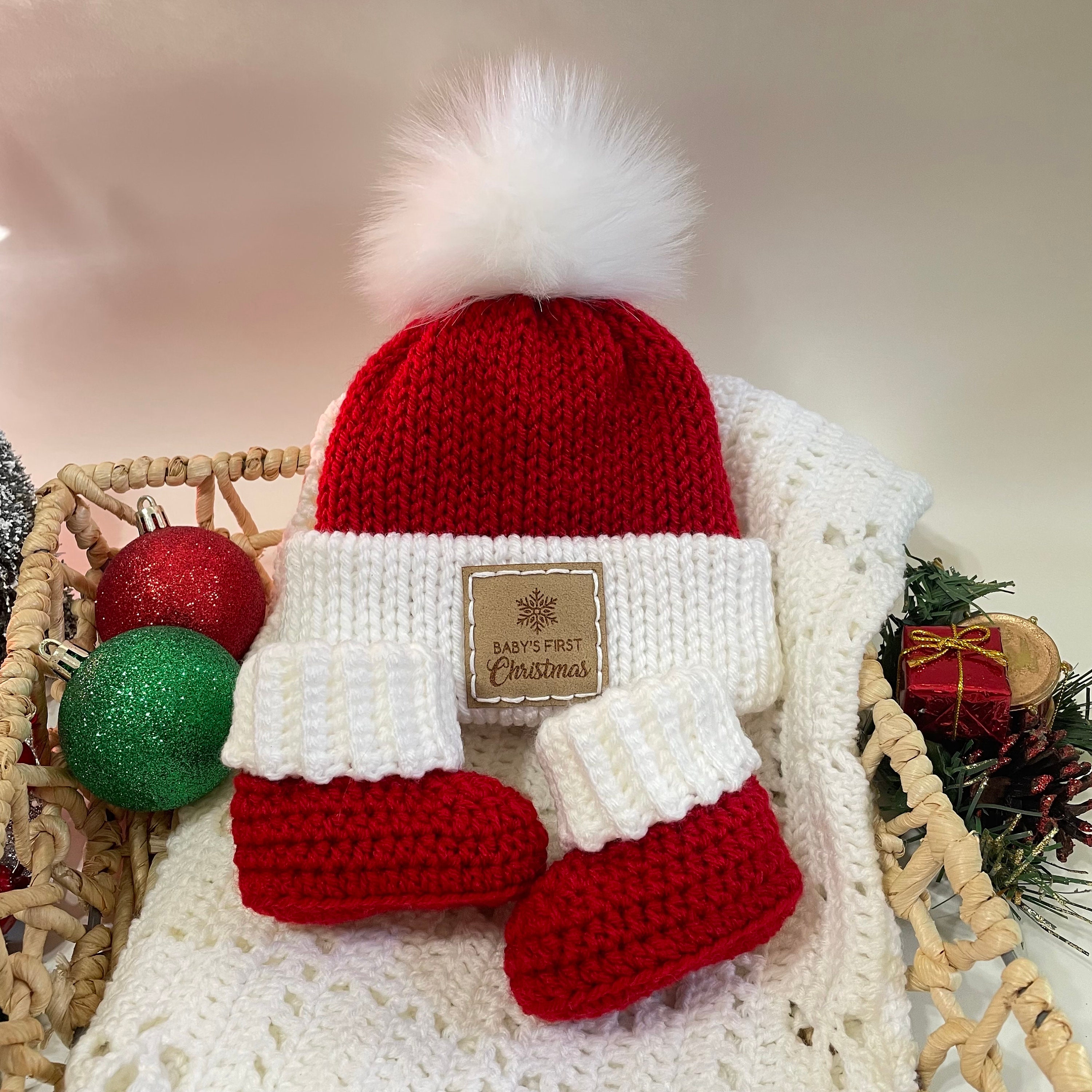 Baby's First Christmas Beanie & Booties Set - Knit Baby Beanie - Crochet Baby Booties - Baby's First Outfit - Going Home Outfit - Baby Gift