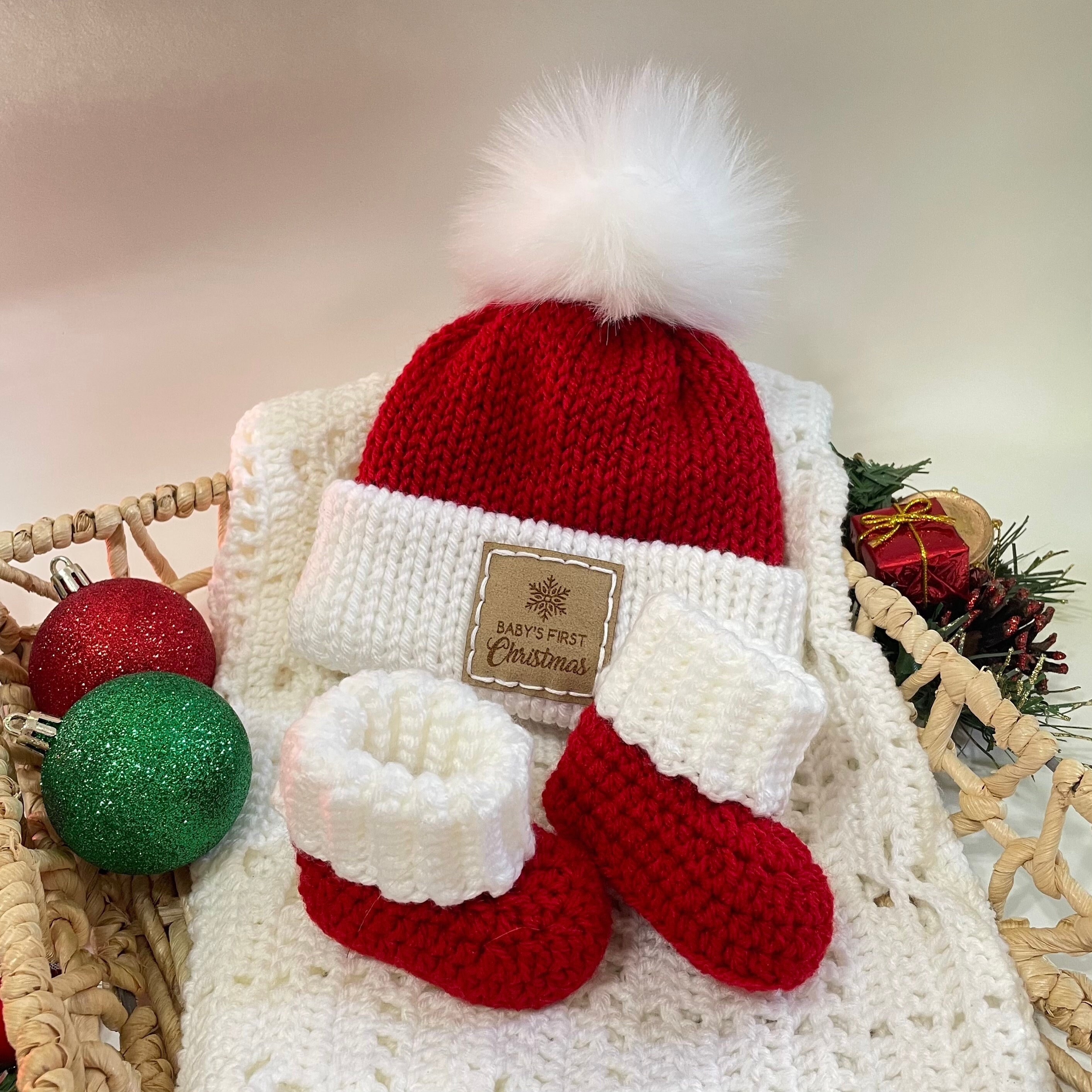 Baby's First Christmas Beanie & Booties Set - Knit Baby Beanie - Crochet Baby Booties - Baby's First Outfit - Going Home Outfit - Baby Gift