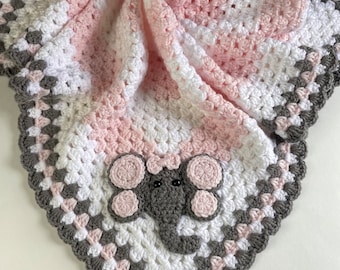Crochet Baby Elephant Blanket - Pink Elephant Blanket  - Zoo Animal Blanket - Pink & Gray Baby Blanket - Baby Shower Gift