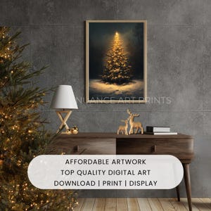 May include: A framed digital art print of a Christmas tree illuminated with golden lights, set against a dark, snowy backdrop. The print is displayed on a wooden console table with decorative items. The text on the image reads: Affordable Artwork, Top Quality Digital Art, Download | Print | Display.