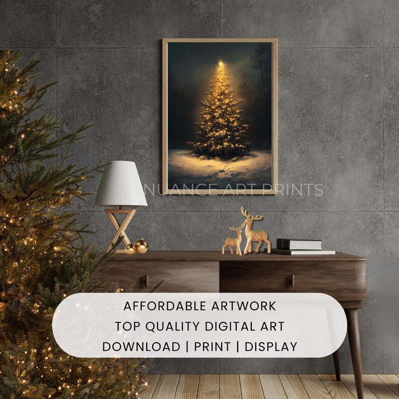 May include: A framed digital art print of a Christmas tree illuminated with golden lights, set against a dark, snowy backdrop. The print is displayed on a wooden console table with decorative items. The text on the image reads: Affordable Artwork, Top Quality Digital Art, Download | Print | Display.