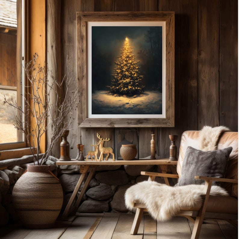 May include: A framed print of a Christmas tree illuminated in a snowy forest hangs on a wooden wall. The room features a rustic aesthetic with a wooden table, decorative items, and a leather chair with a fur throw.
