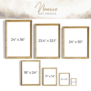 May include: A collection of framed art prints in various sizes, including 24" x 36", 23.4" x 33.1", 24" x 30", 18" x 24", 11" x 14", 8" x 10", and 4" x 6". The frames are a warm, golden color. The brand name "Nuance ART PRINTS" is displayed at the top.