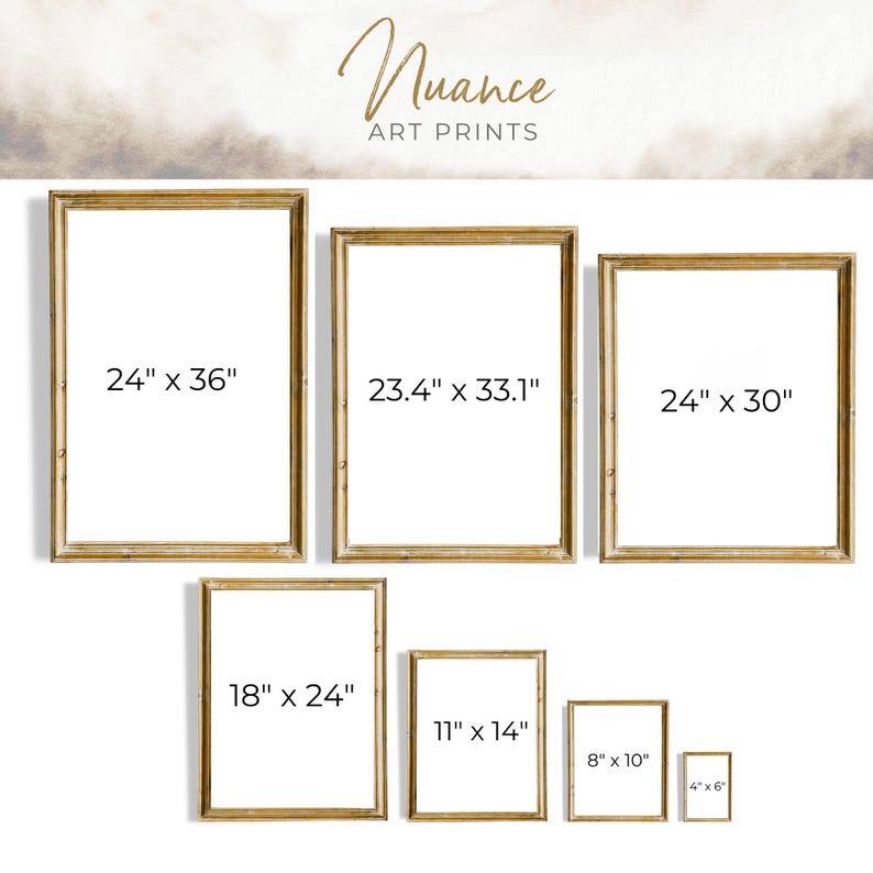 May include: A collection of framed art prints in various sizes, including 24" x 36", 23.4" x 33.1", 24" x 30", 18" x 24", 11" x 14", 8" x 10", and 4" x 6". The frames are a warm, golden color. The brand name "Nuance ART PRINTS" is displayed at the top.