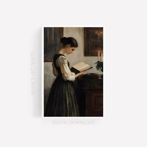 May include: A woman in a dark green dress and white blouse reads a book by candlelight in a dimly lit room.