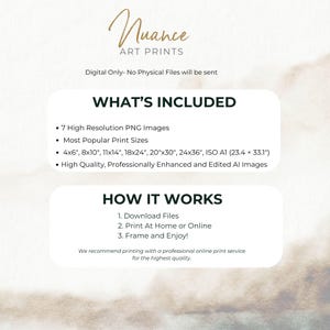 May include: Digital art print details. The image includes the text "Nuance ART PRINTS" and lists what's included: 7 high-resolution PNG images, popular print sizes like 4x6", 8x10", 11x14", 18x24", 20"x30", 24x36", and ISO A1 (23.4 x 33.1").