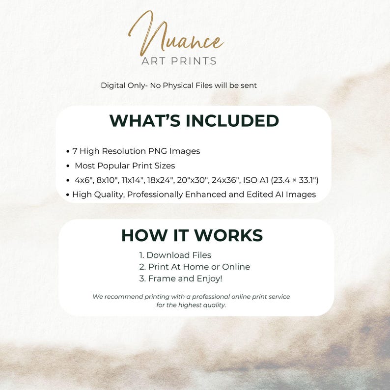 May include: Digital art print details. The image includes the text "Nuance ART PRINTS" and lists what's included: 7 high-resolution PNG images, popular print sizes like 4x6", 8x10", 11x14", 18x24", 20"x30", 24x36", and ISO A1 (23.4 x 33.1").