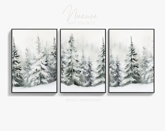 Pine Forest Wall Art Trio | Minimalist Snowy Pine Trees | Watercolor Winter Woodland Prints | Digital Download | Set of 3 PRINTABLE Images